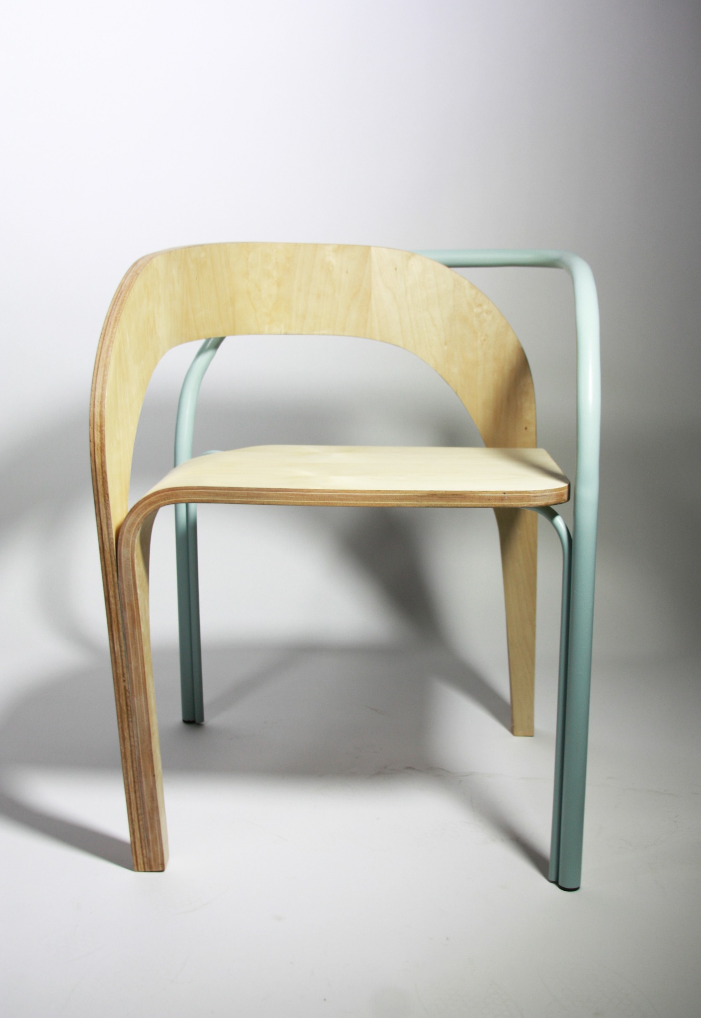 Wood and pale blue tubular steel chair prototype
