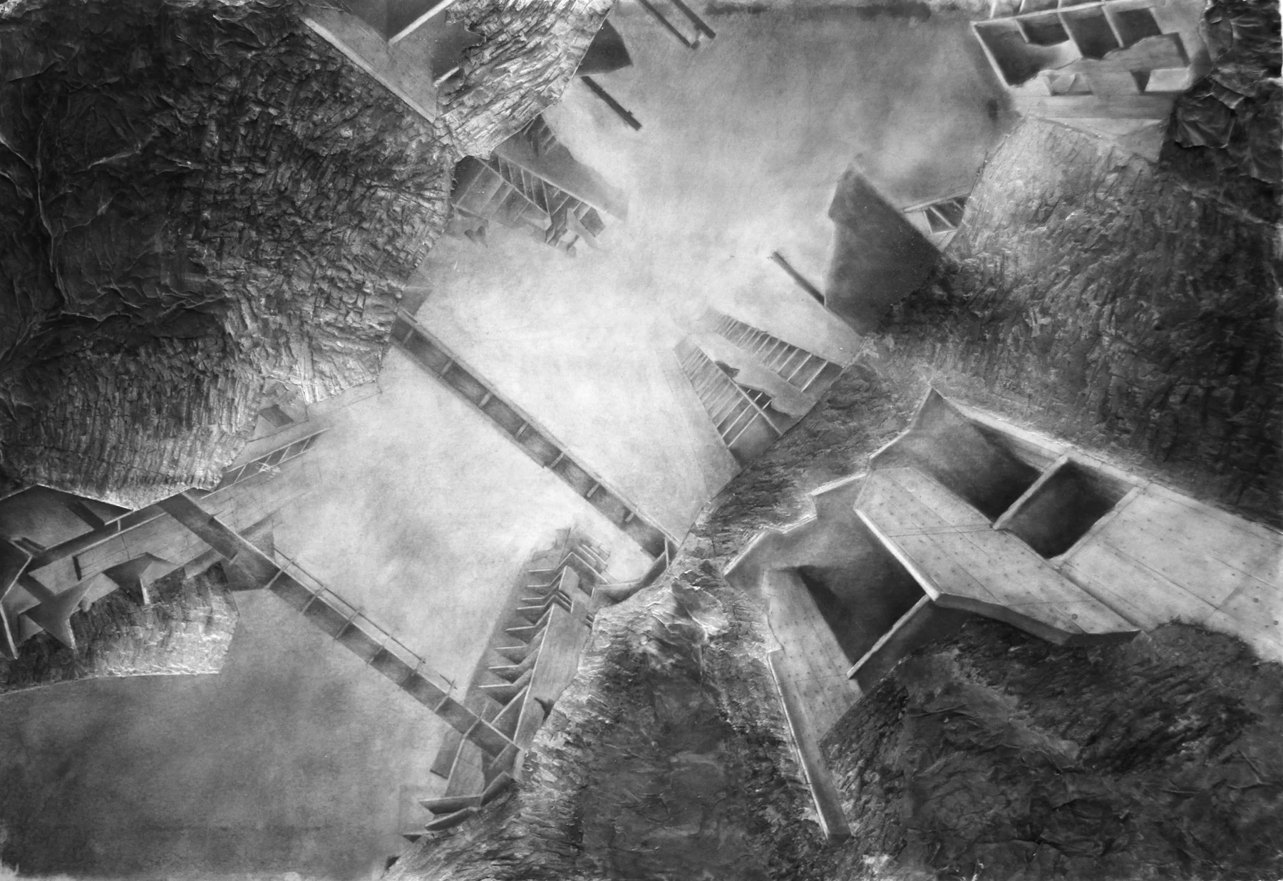 Monochrome architectural drawing for Post-Apocalyptic Salk Institute