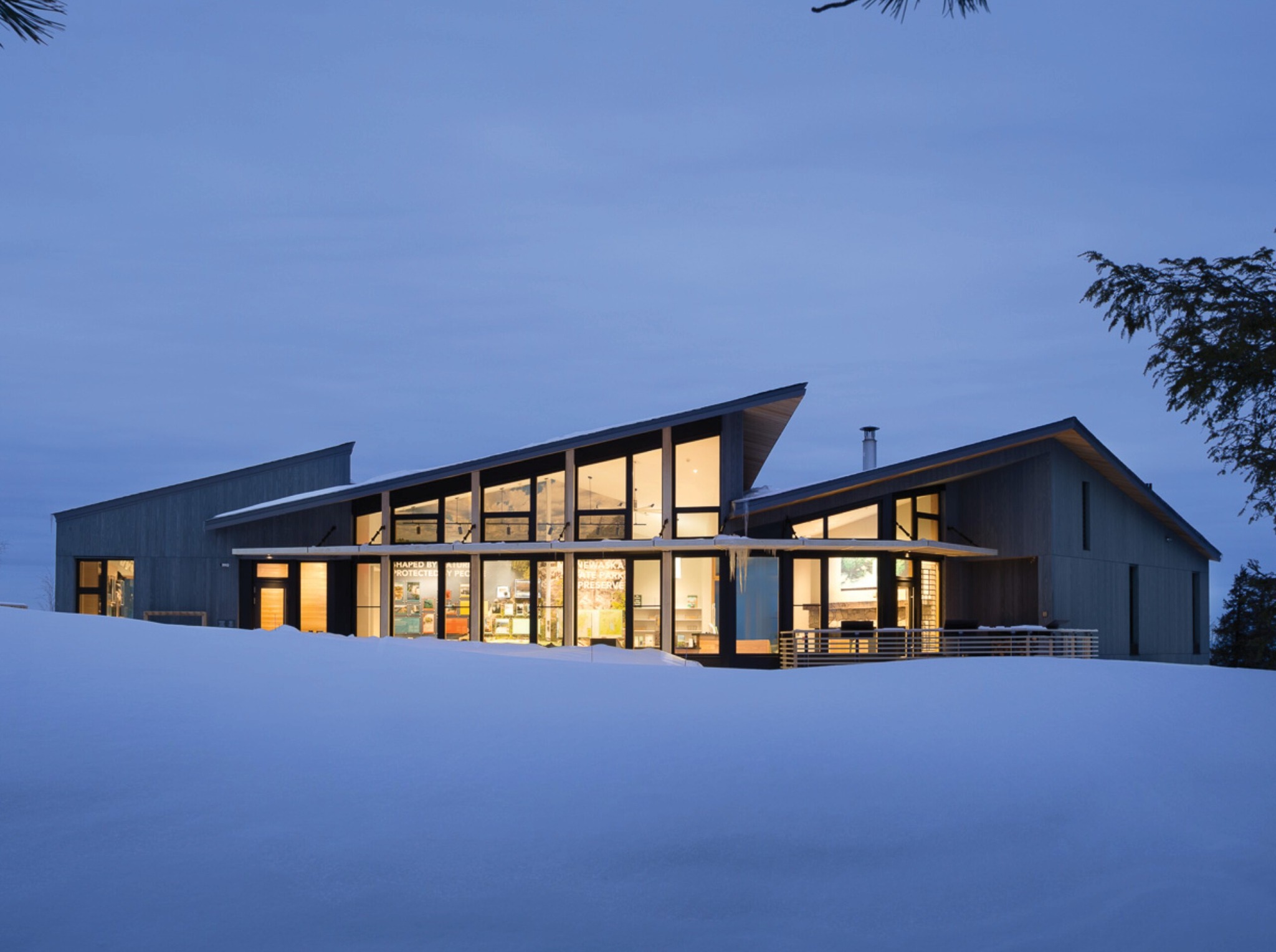 Minnewaska State Park Preserve Visitor Center at dusk in snow